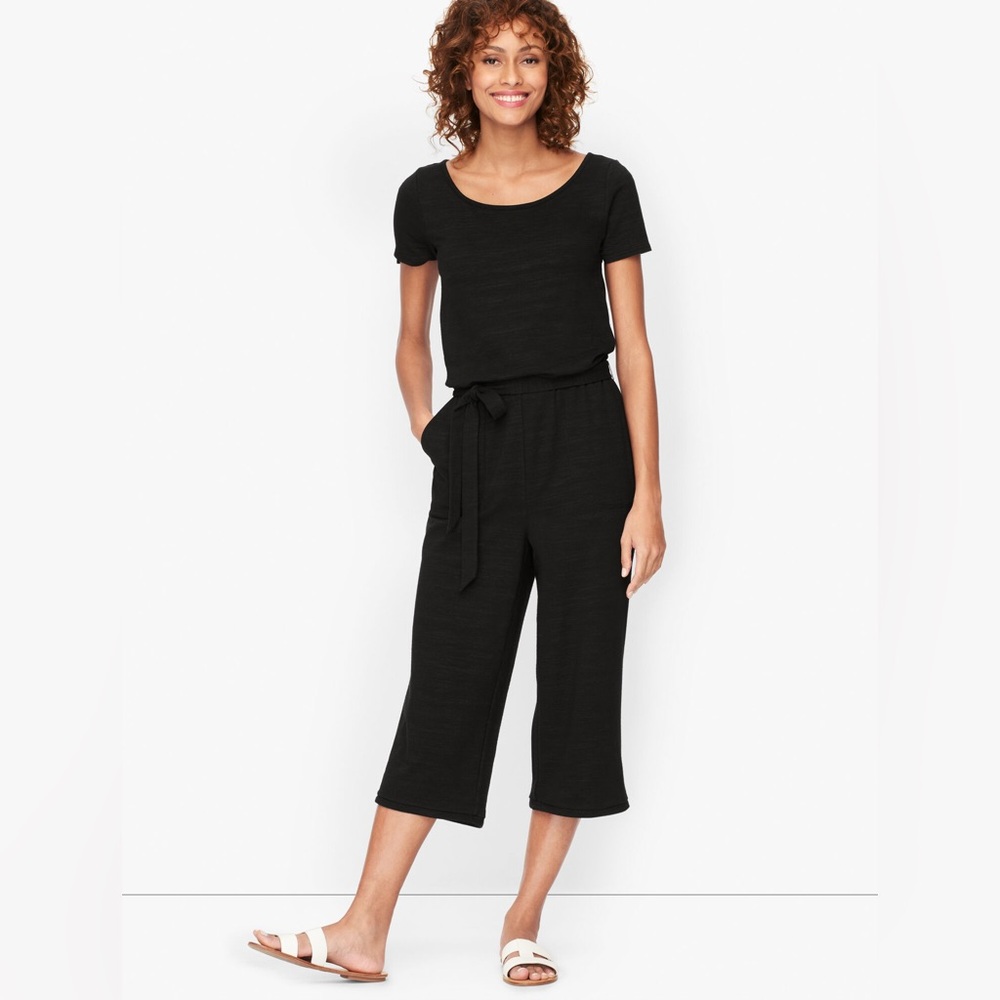 Talbots Black Short-Sleeve Tie-Waist Cropped Jumpsuit
